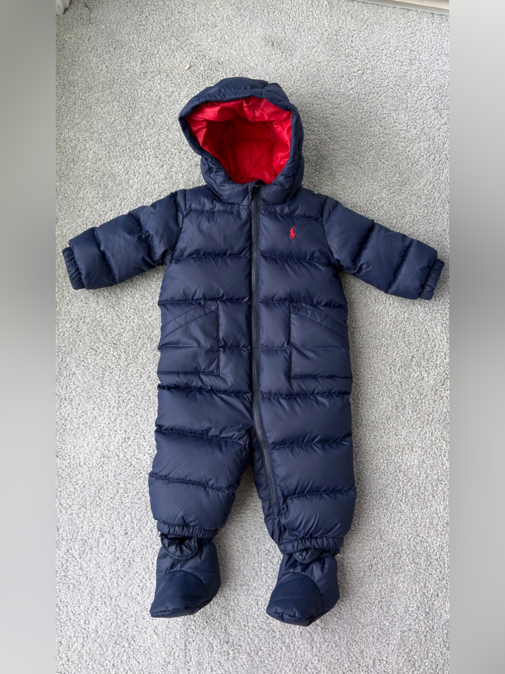 Ralph Lauren Navy Puffer One-Piece Snowsuit with Red Lining 6 months